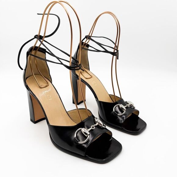 Gucci Horsebit Block Heels Ankle Wrap Sandals Black Leather 7.5 - Picture 2 of 12